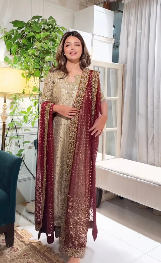 Pure Mysoori Gold & Mahroon Embroidered Dress - WW524