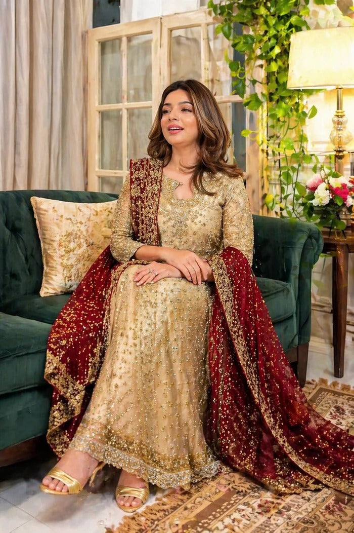 Pure Mysoori Gold & Mahroon Embroidered Dress - WW524