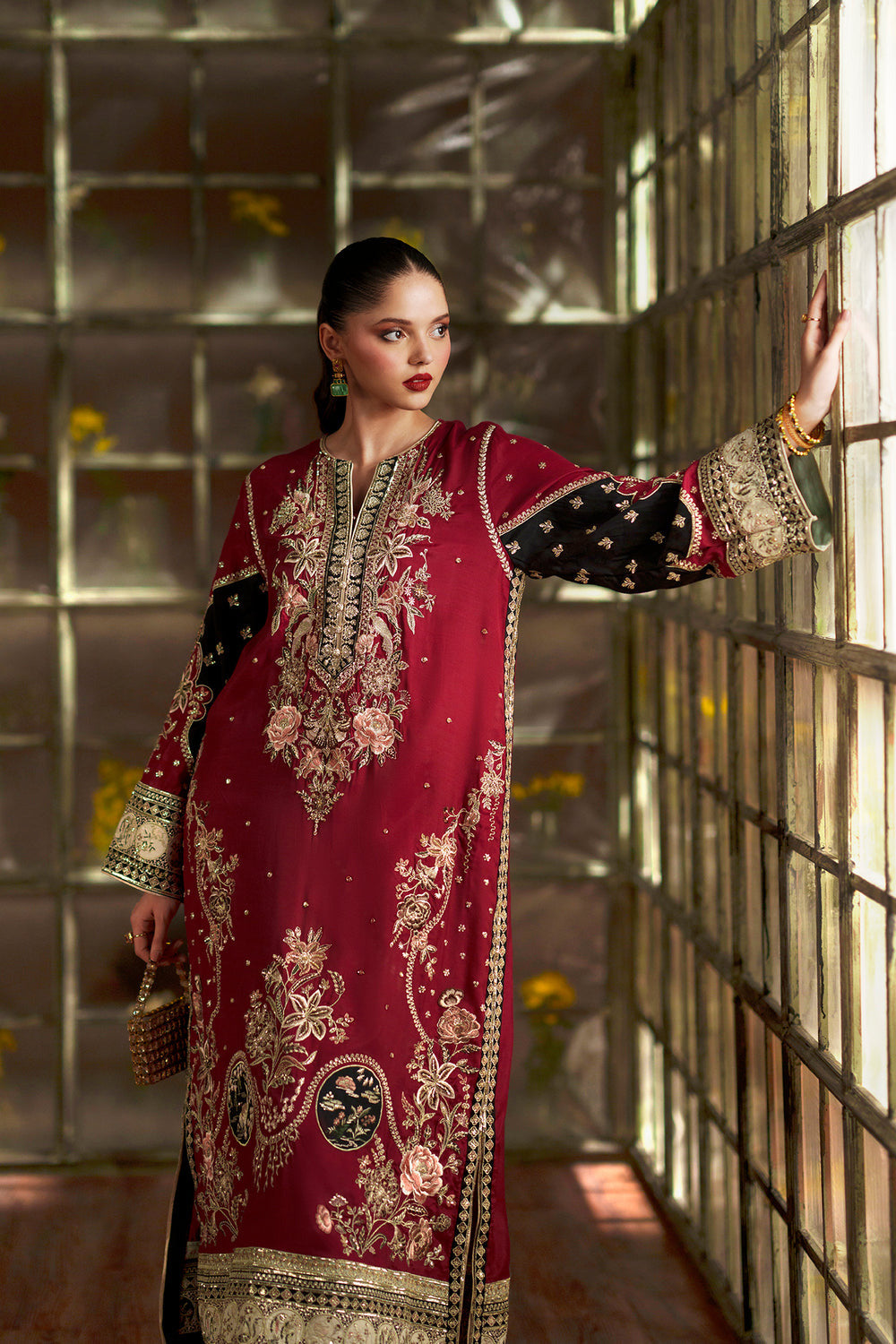Pure Raw Silk Kaftan Styled Embroidered Dress - WW520