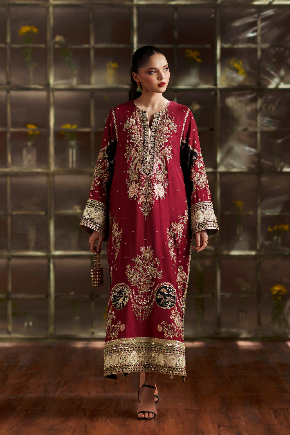 Pure Raw Silk Kaftan Styled Embroidered Dress - WW520