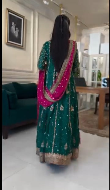 Pure Chiffon Emerald Green Embroidered Dress - WW519