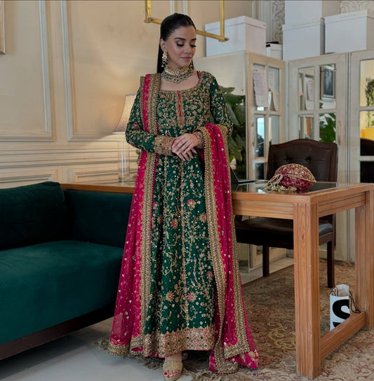Pure Chiffon Emerald Green Embroidered Dress - WW519