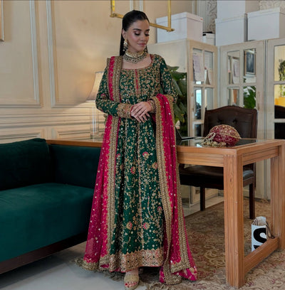 Pure Chiffon Emerald Green Embroidered Dress - WW519