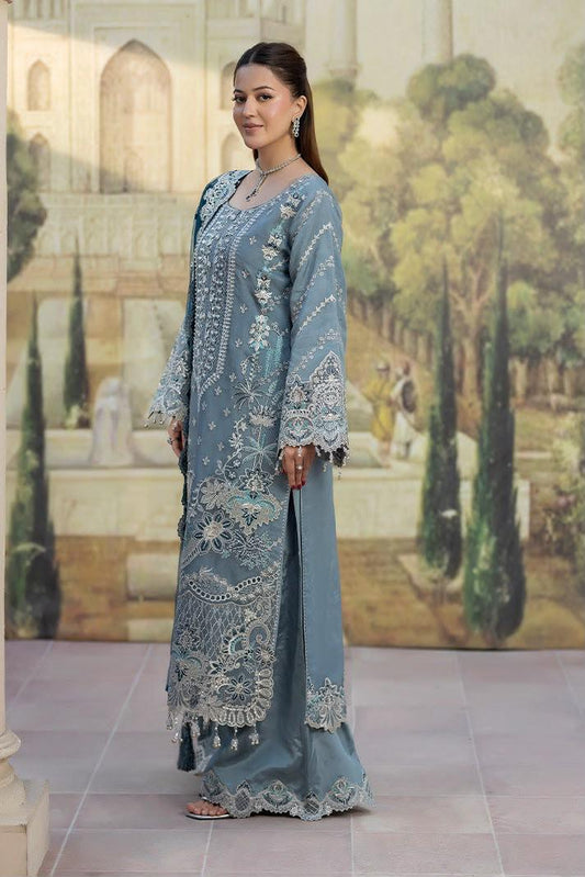 Pure Chiffon Grey & Blue Embroidered Dress - WW504
