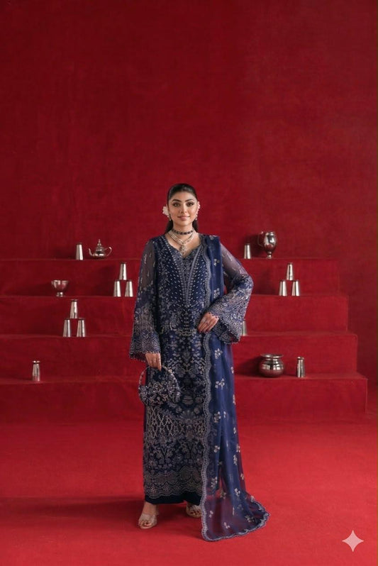 Pure Chiffon Dark Blue Embroidered Dress - WW506