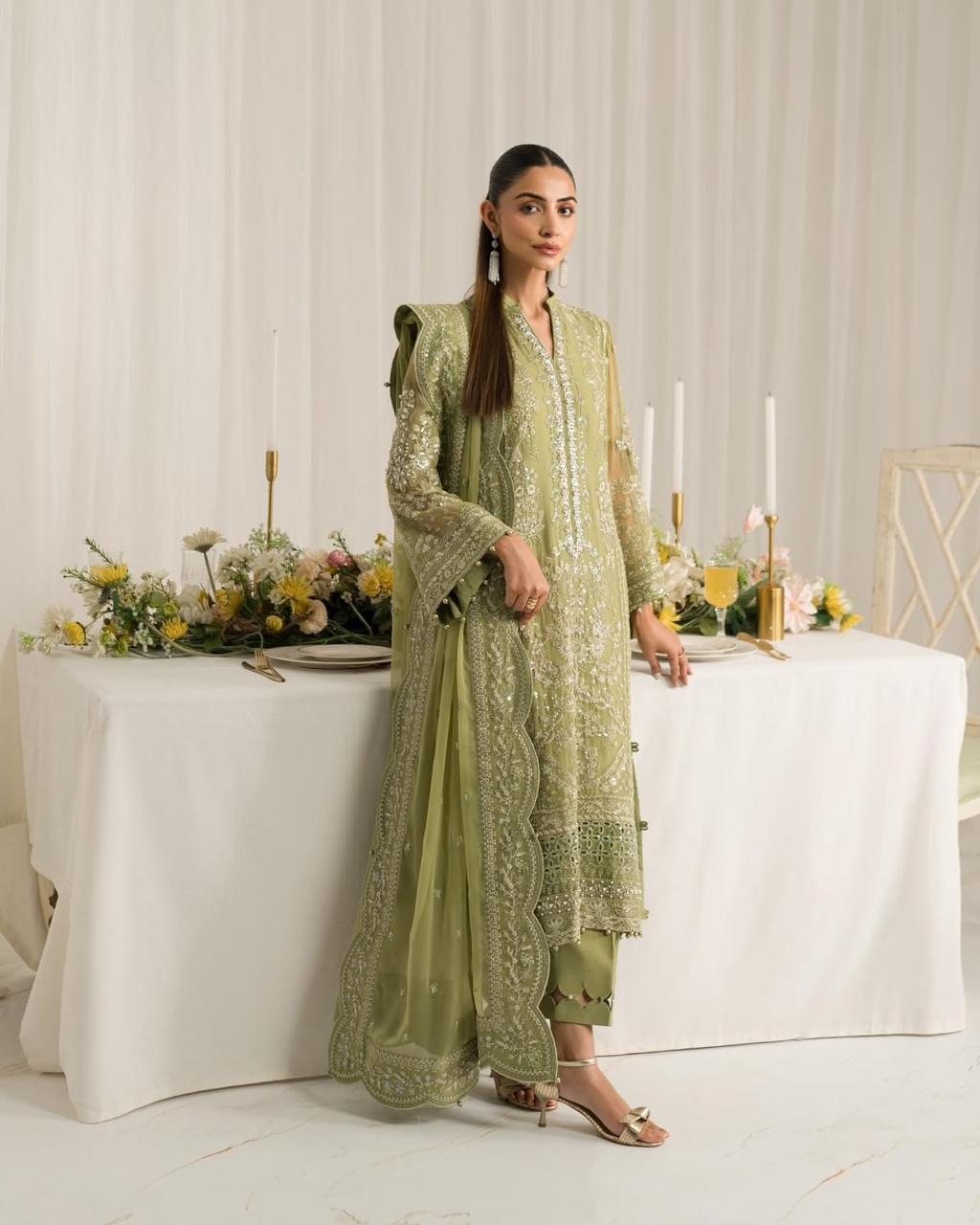 Pure Chiffon Pista Green Embroidered Dress - WW507