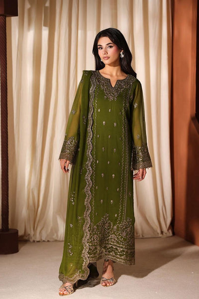 Pure Chiffon Dark Green Embroidered Dress - WW511