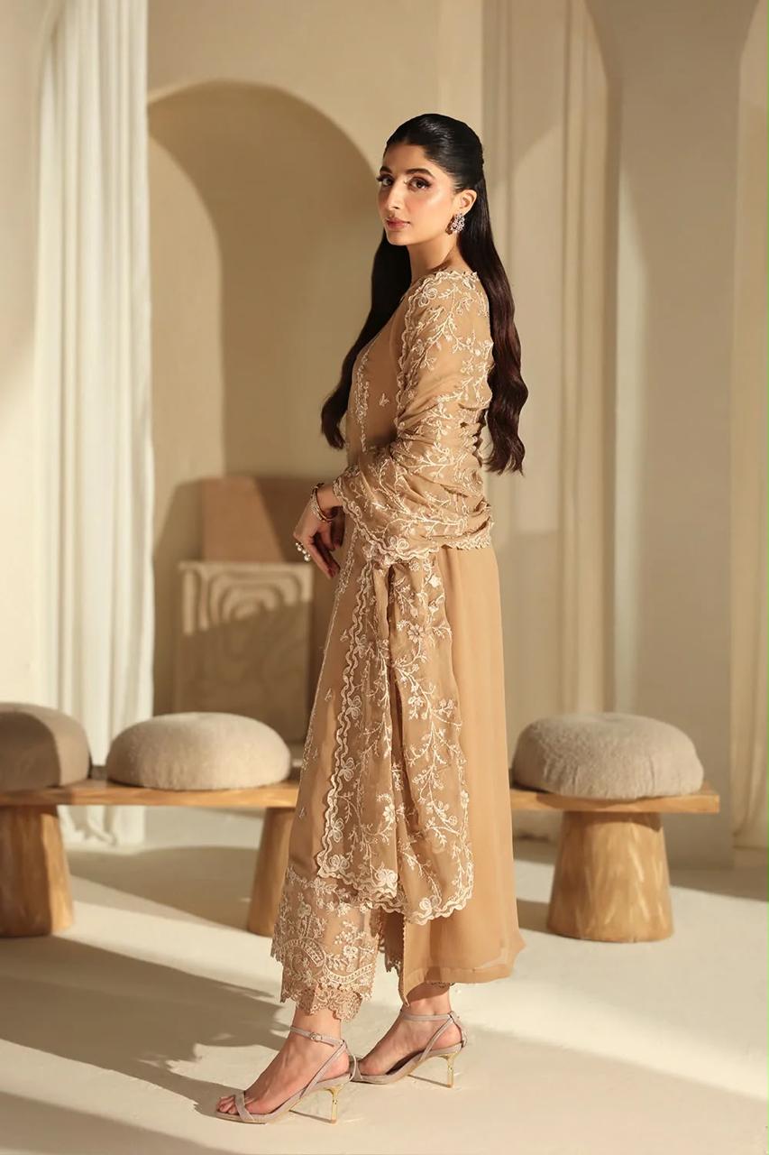 Pure Chiffon Brown Embroidered Dress - WW503