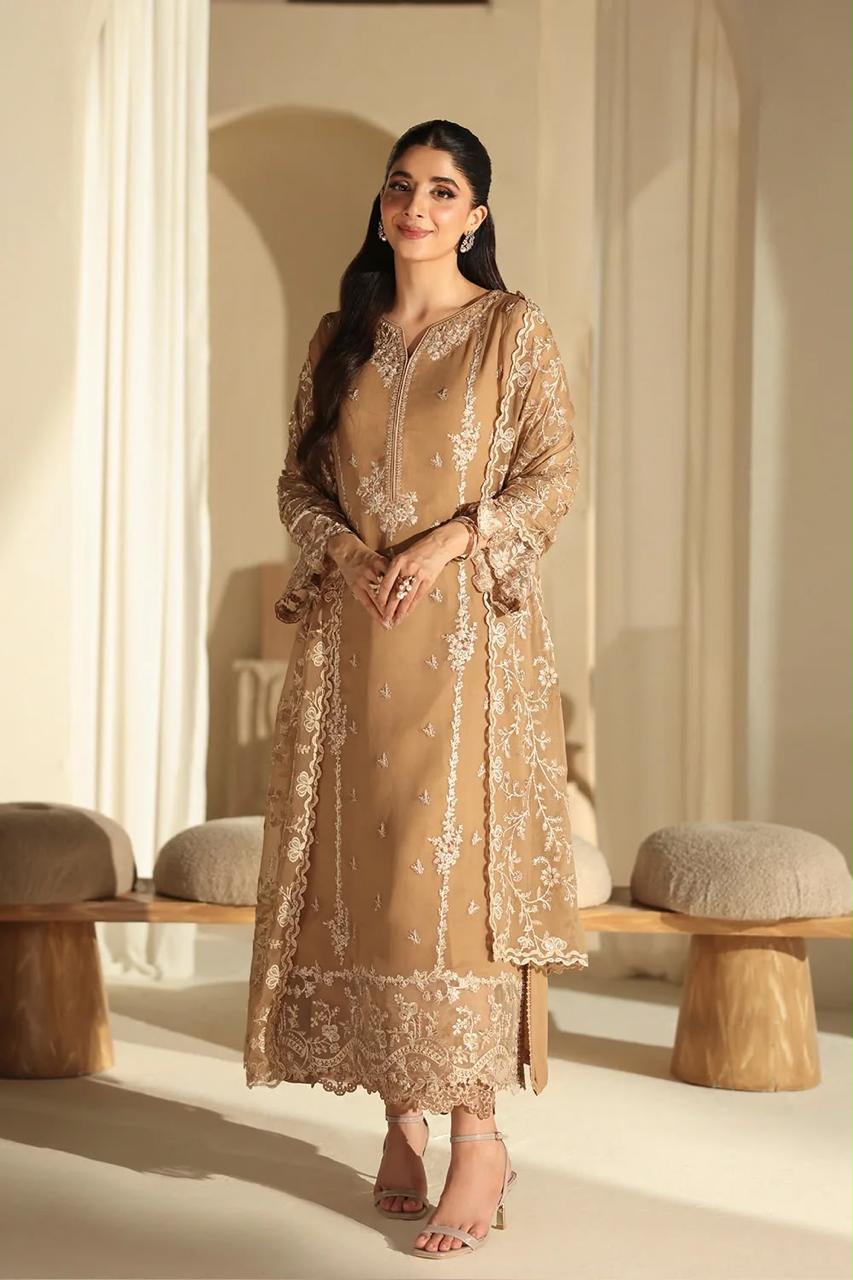 Pure Chiffon Brown Embroidered Dress - WW503