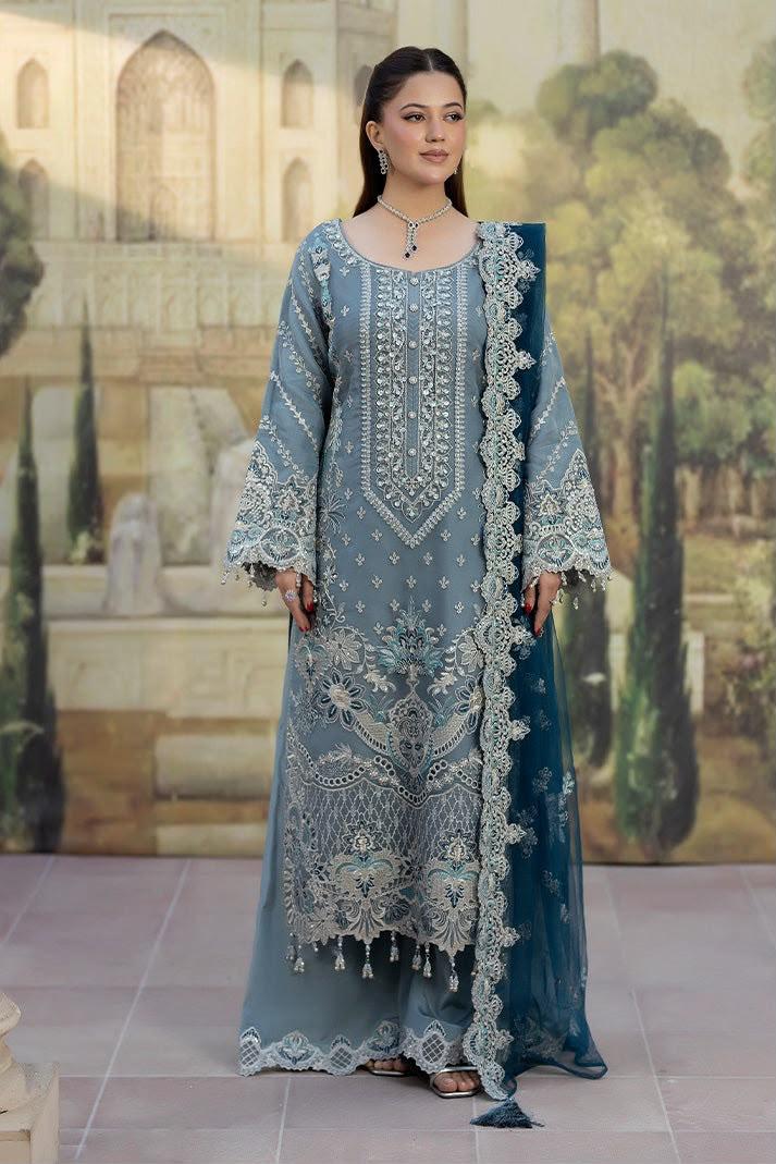 Pure Chiffon Grey & Blue Embroidered Dress - WW504
