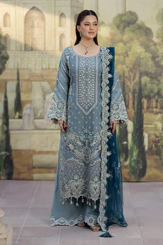 Pure Chiffon Grey & Blue Embroidered Dress - WW504