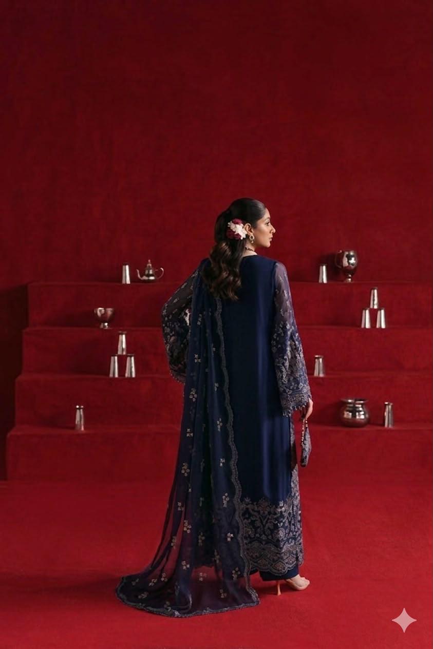 Pure Chiffon Dark Blue Embroidered Dress - WW506