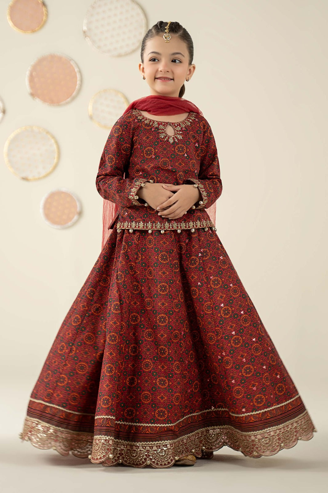 Pure Chiffon Embroidered Mahroon Kids Outfit - RS010