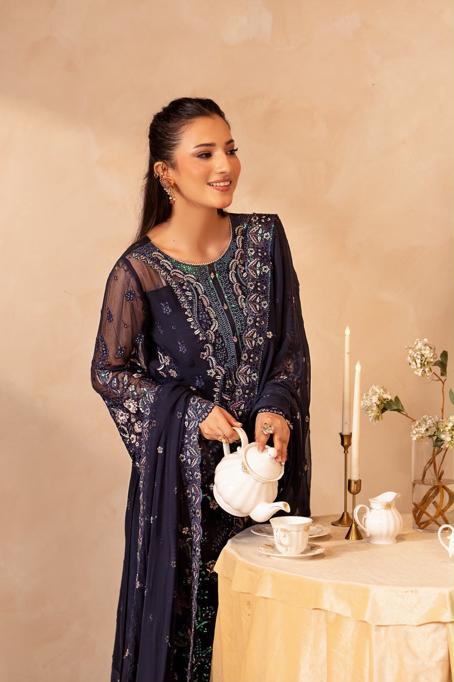 Pure Chiffon Navy Blue Embroidered Dress - WW531