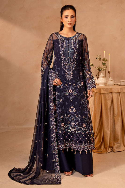 Pure Chiffon Navy Blue Embroidered Dress - WW531