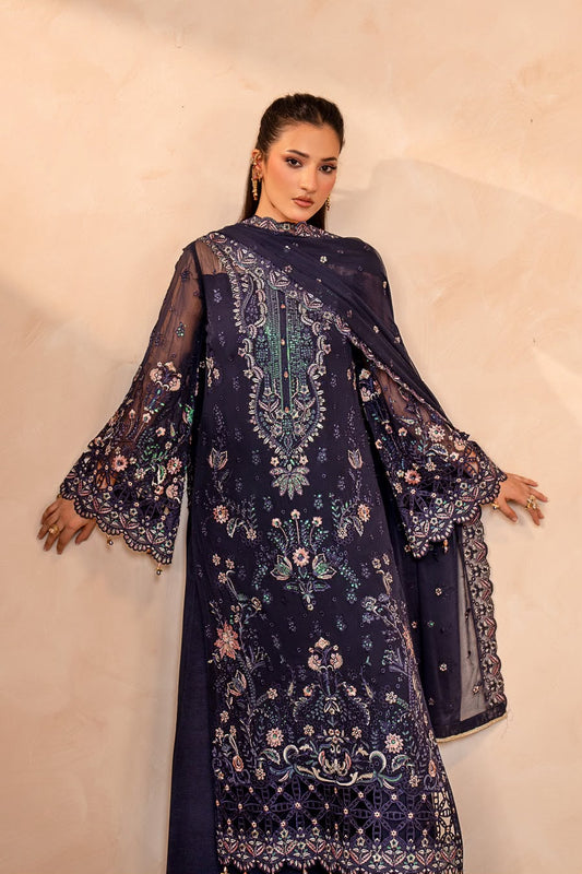 Pure Chiffon Navy Blue Embroidered Dress - WW531
