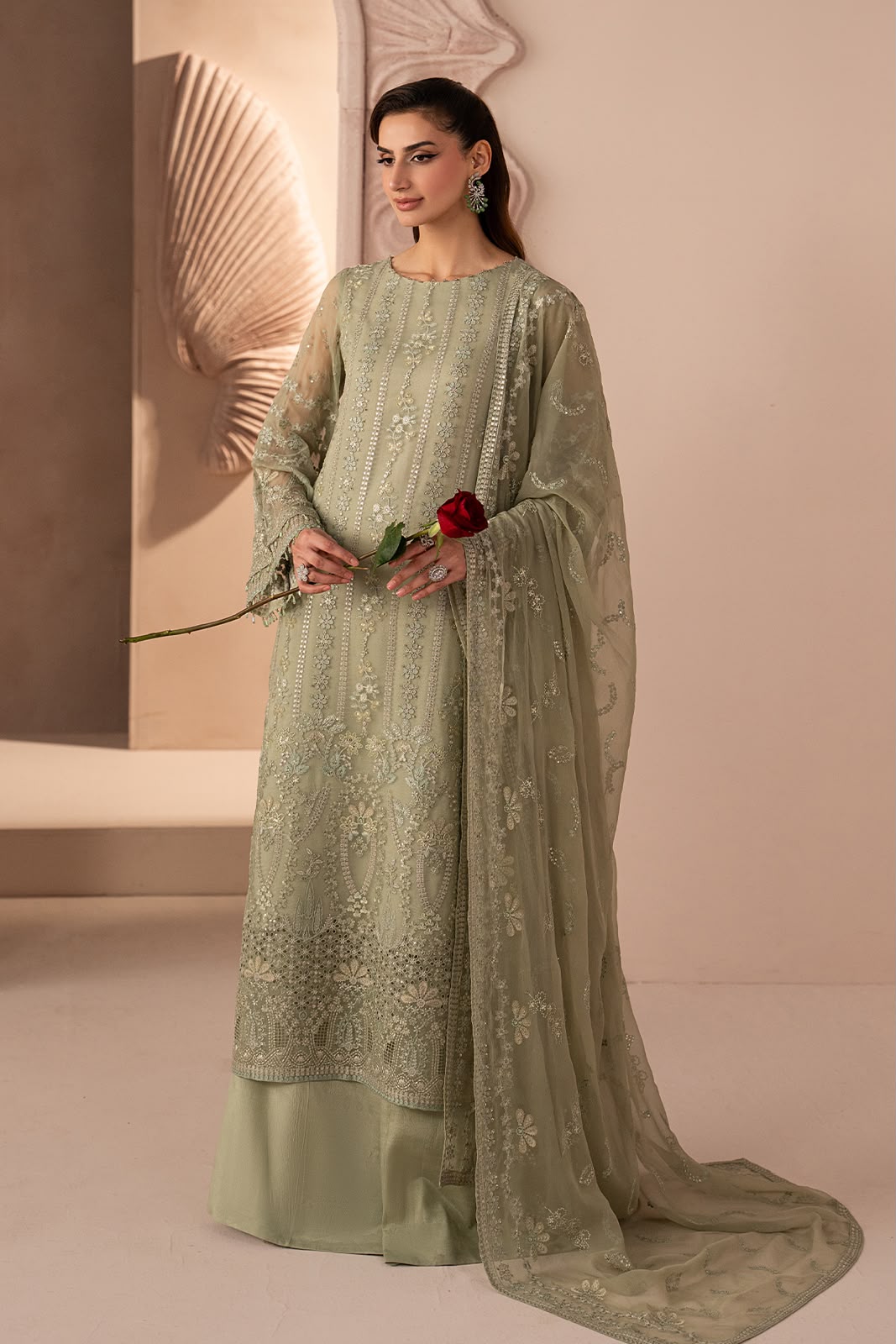 Pure Chiffon Pista Green Embroidered Dress - WW533