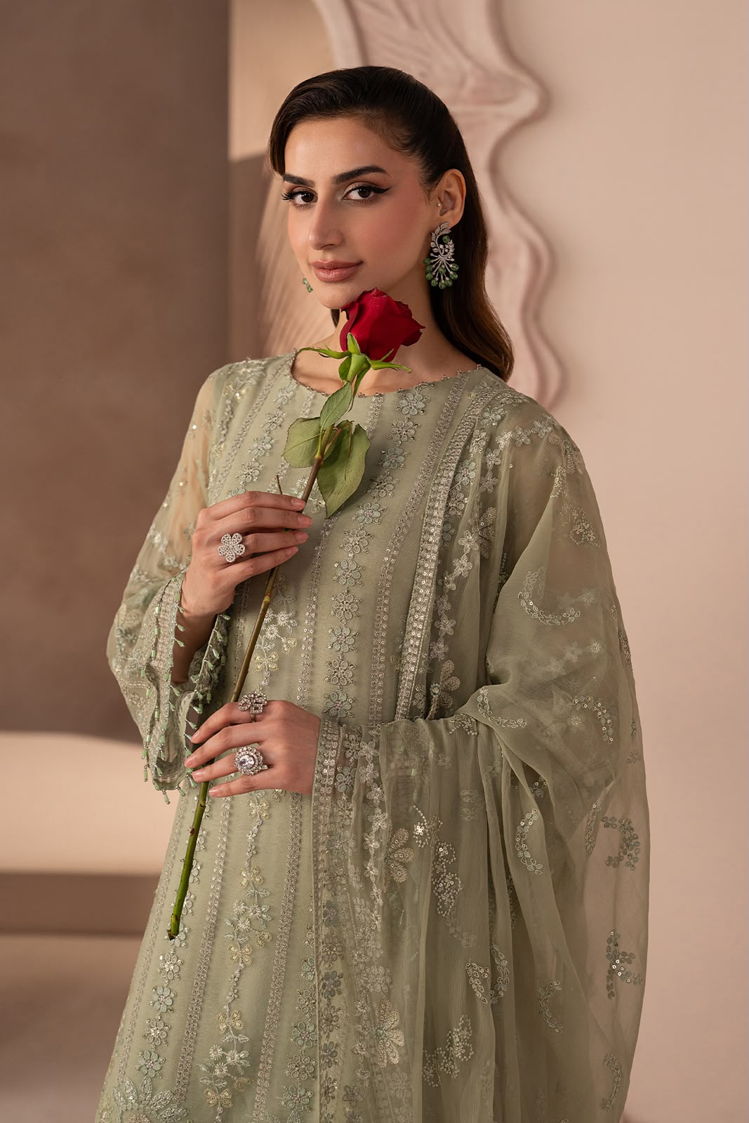 Pure Chiffon Pista Green Embroidered Dress - WW533
