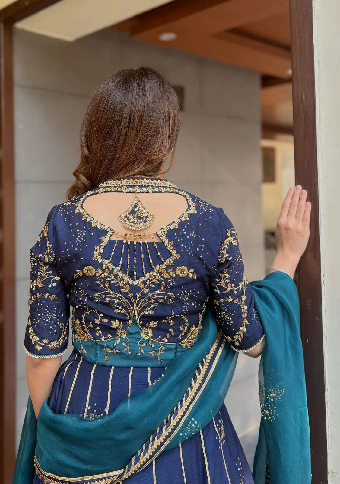 Pure Raw Silk Navy Blue Embroidered Maxi Dress - WW551