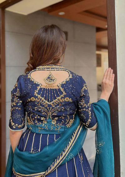 Pure Raw Silk Navy Blue Embroidered Maxi Dress - WW551