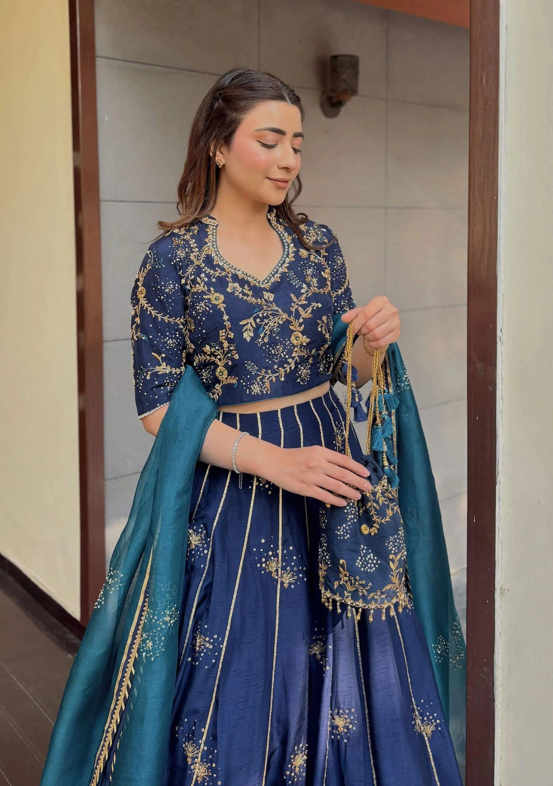 Pure Raw Silk Navy Blue Embroidered Maxi Dress - WW551