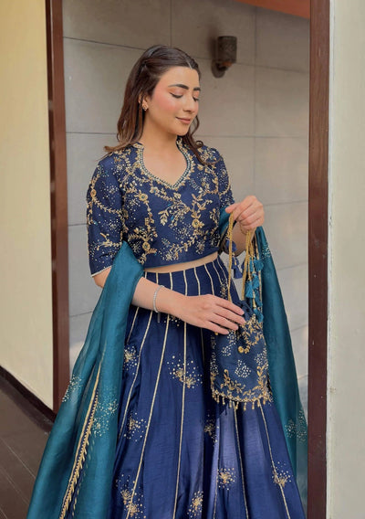 Pure Raw Silk Navy Blue Embroidered Maxi Dress - WW551