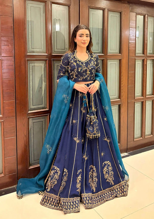 Pure Raw Silk Navy Blue Embroidered Maxi Dress - WW551
