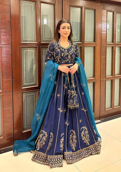 Pure Raw Silk Navy Blue Embroidered Maxi Dress - WW551