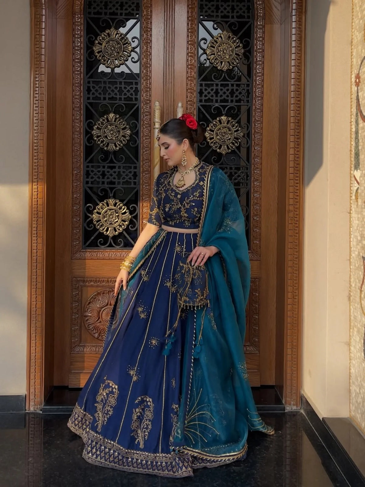 Pure Raw Silk Navy Blue Embroidered Maxi Dress - WW551
