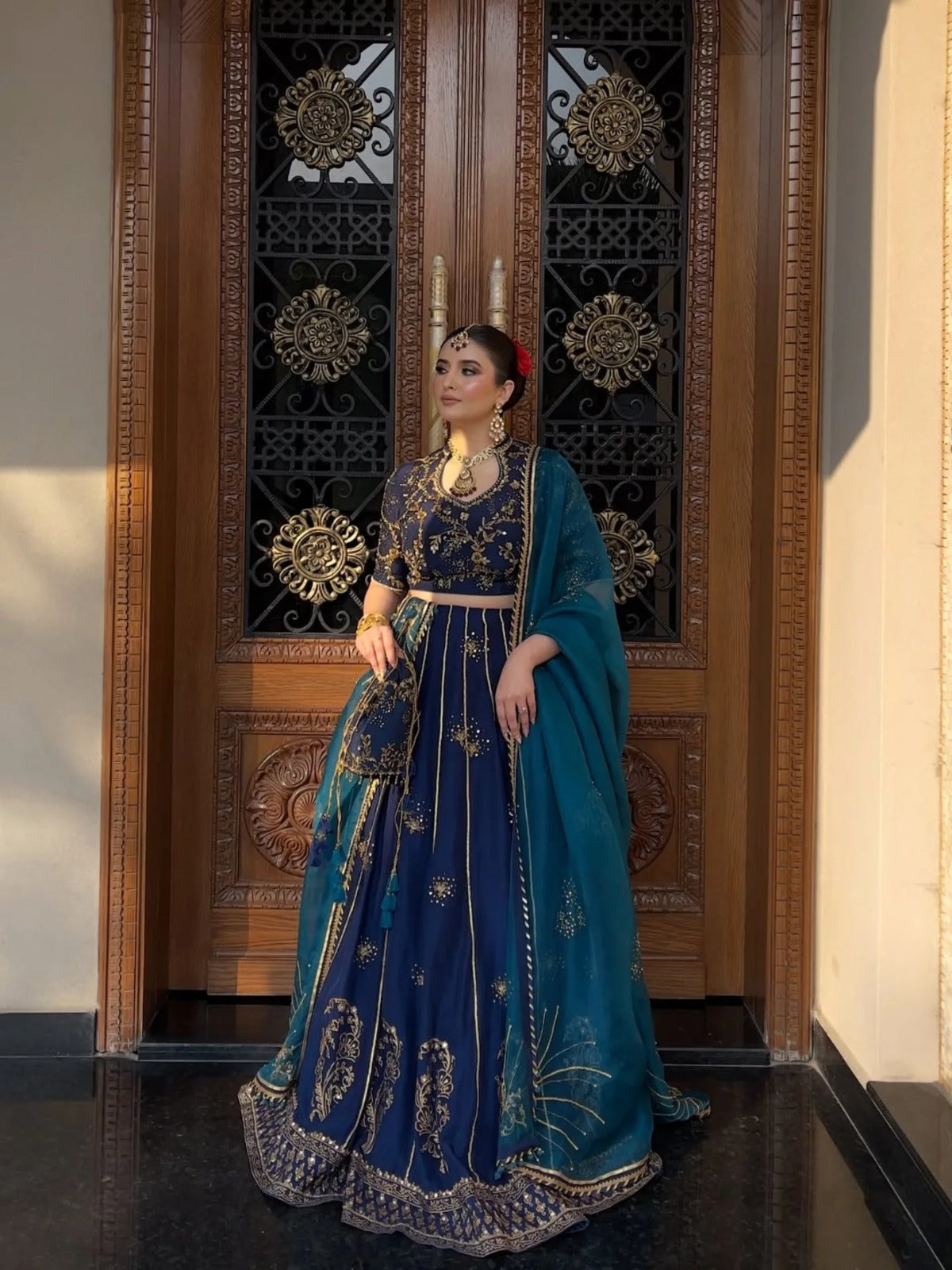 Pure Raw Silk Navy Blue Embroidered Maxi Dress - WW551