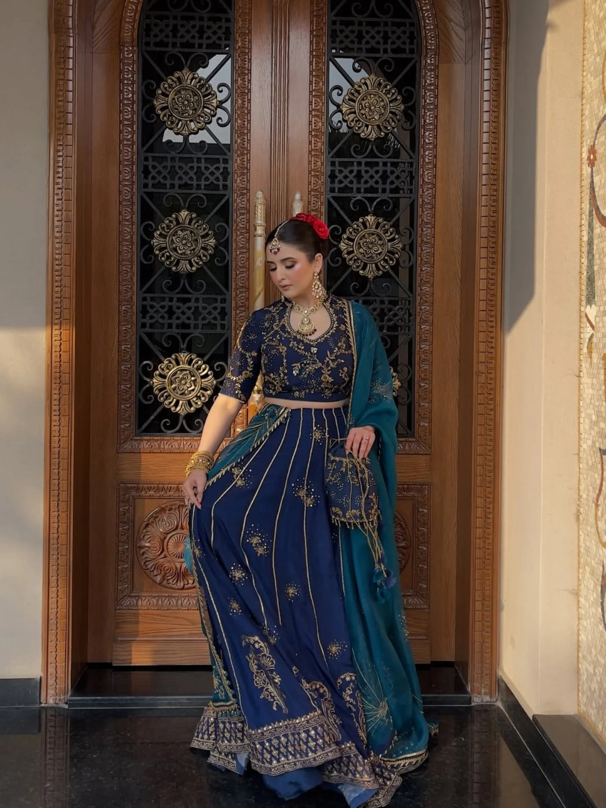 Pure Raw Silk Navy Blue Embroidered Maxi Dress - WW551