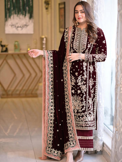 Pure Velvet Mahroon Embroidered Dress with Velvet Shawl – VC226