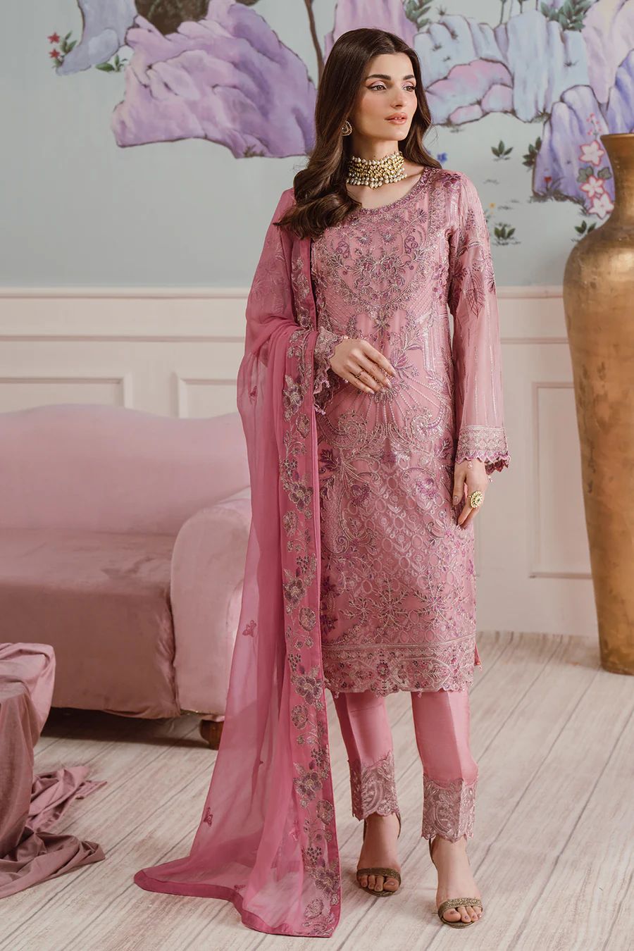 Pure Chiffon Pink Embroidered Dress : PW216