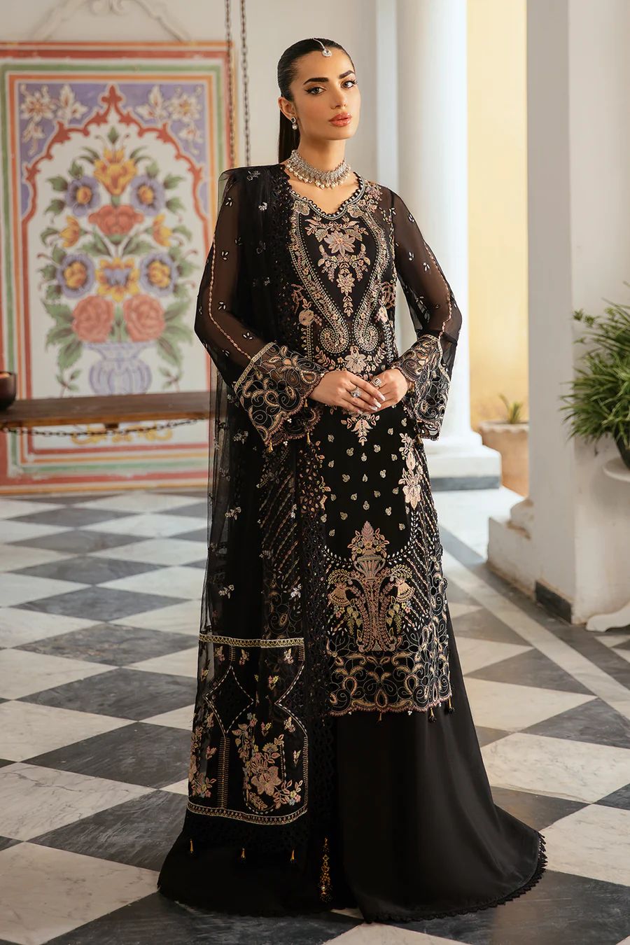 Pure Chiffon Black Embroidered Dress - WW292