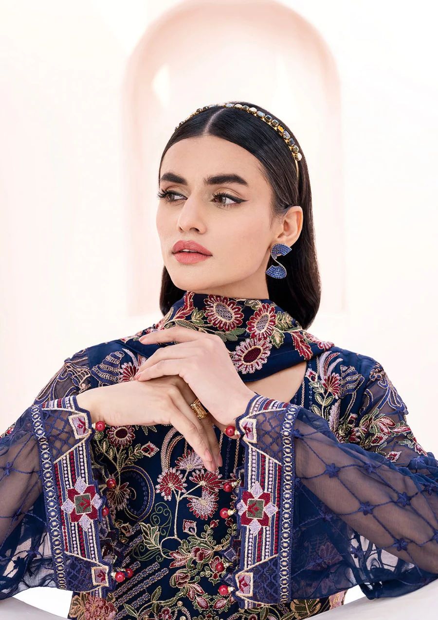 Pure Chiffon Navy Blue Embroidered Dress : PW219