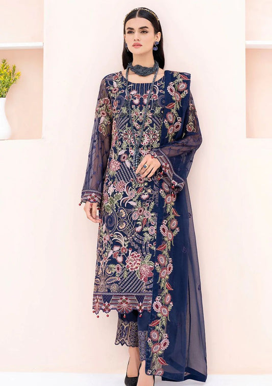 Pure Chiffon Navy Blue Embroidered Dress : PW219