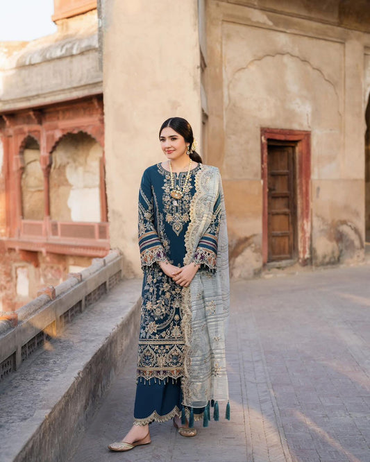 Pure Chiffon Navy Blue Embroidered Dress - WW291