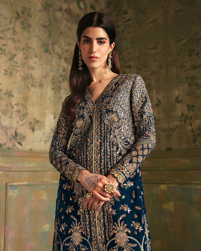Pure Velvet Teal Blue Embroidered Dress - VC017
