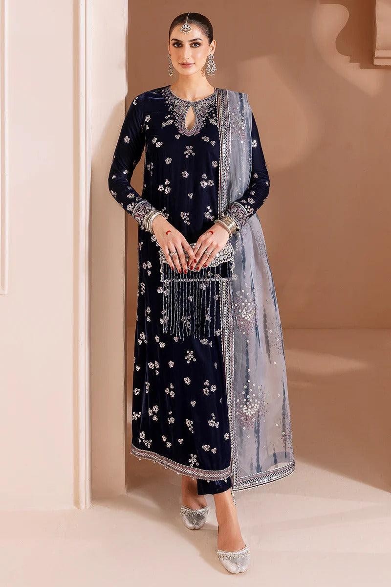 Pure Velvet Navy Blue Embroidered Dress With Matching Clutch - VC024