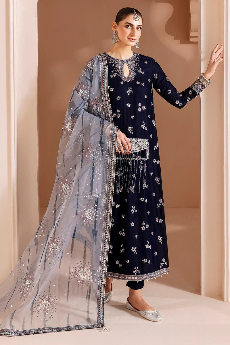 Pure Velvet Navy Blue Embroidered Dress With Matching Clutch - VC024