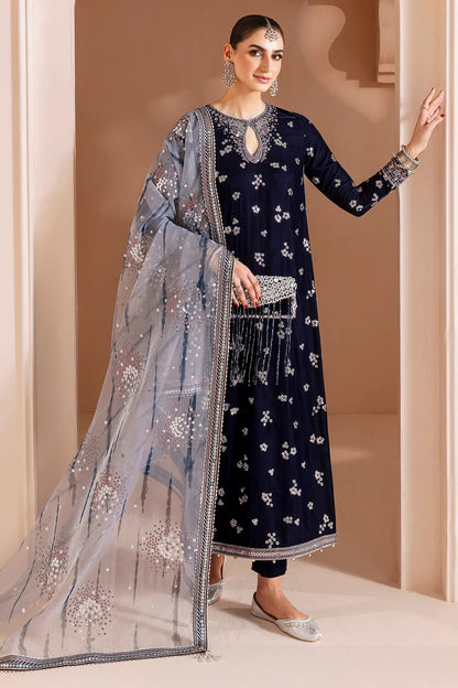 Pure Velvet Navy Blue Embroidered Dress With Matching Clutch - VC024