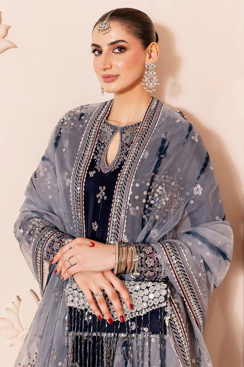 Pure Velvet Navy Blue Embroidered Dress With Matching Clutch - VC024