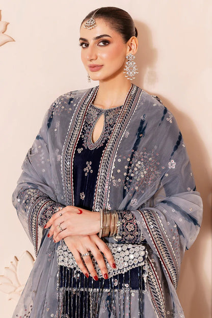 Pure Velvet Navy Blue Embroidered Dress With Matching Clutch - VC024