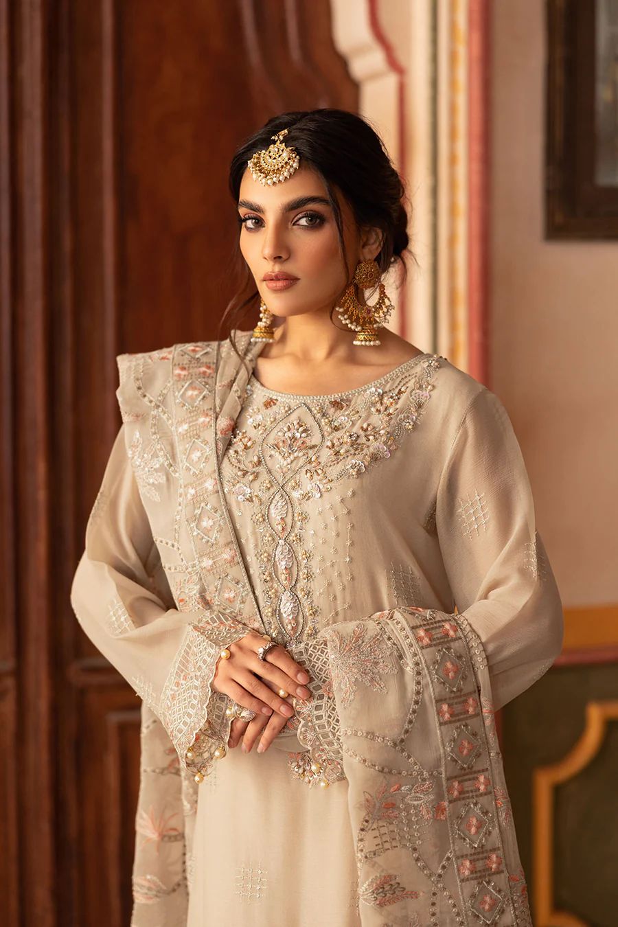 Pure Chiffon Cream Embroidered Dress - WW320