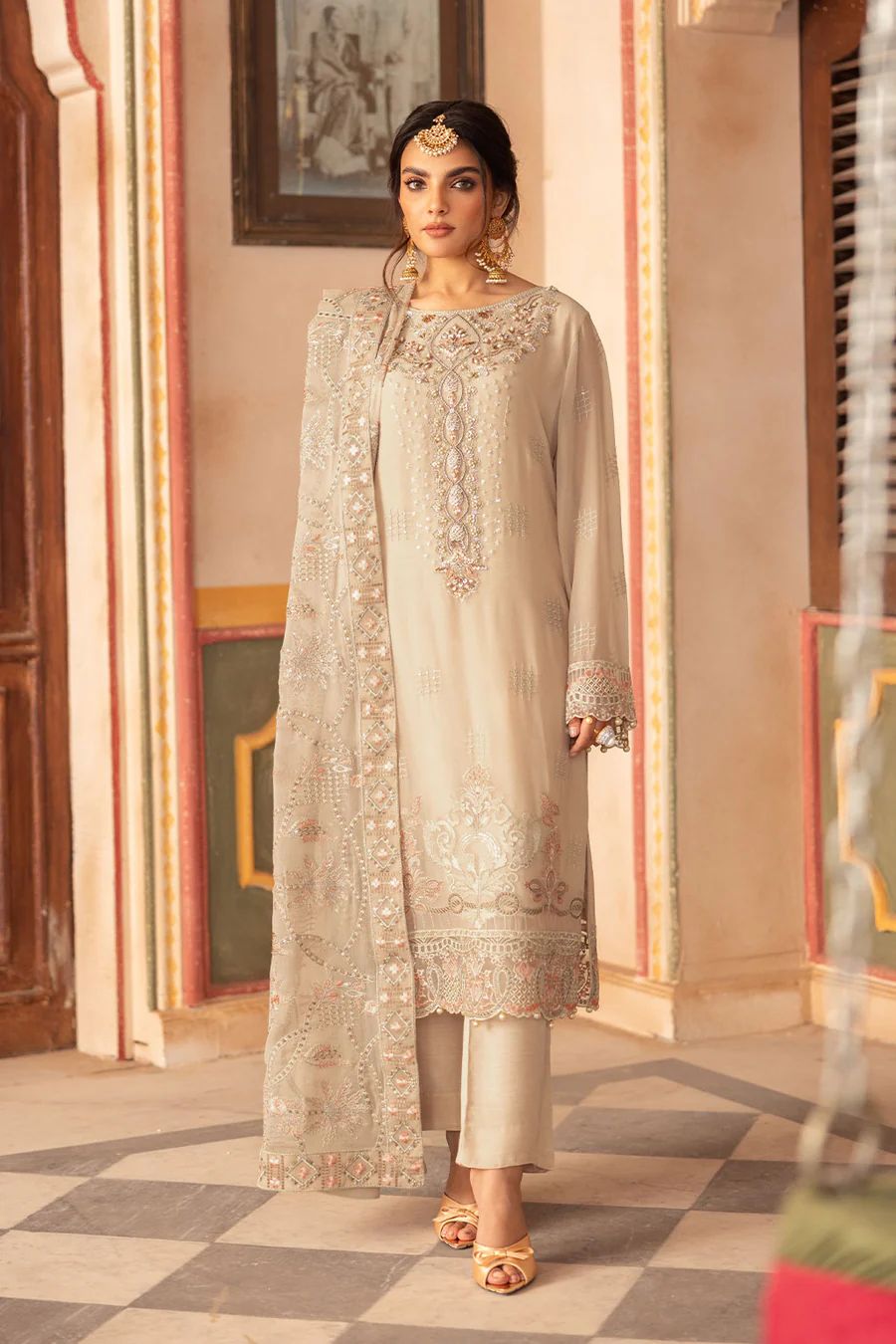 Pure Chiffon Cream Embroidered Dress - WW320