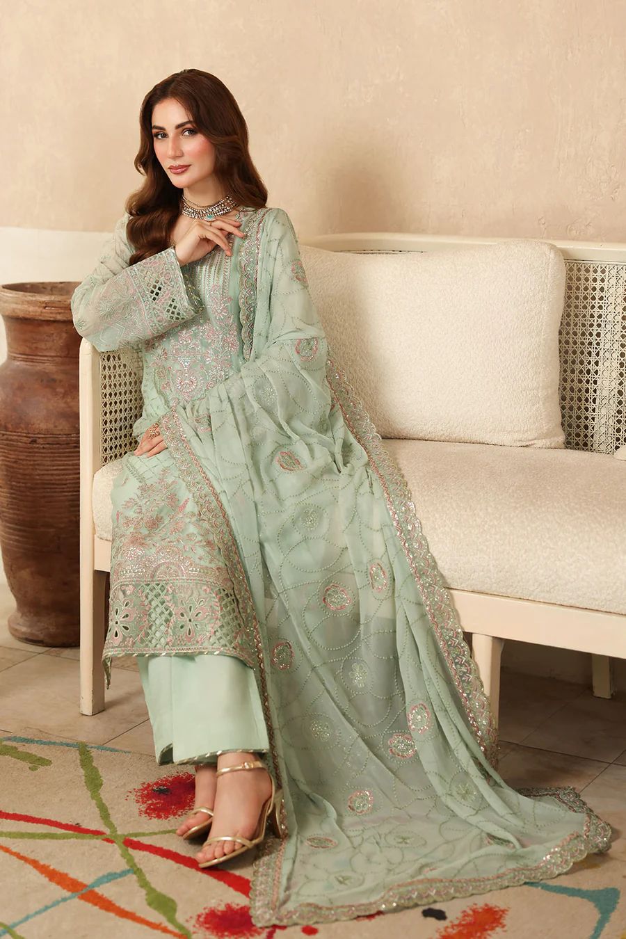 Pure Chiffon Pista Green Embroidered Dress - PW2268