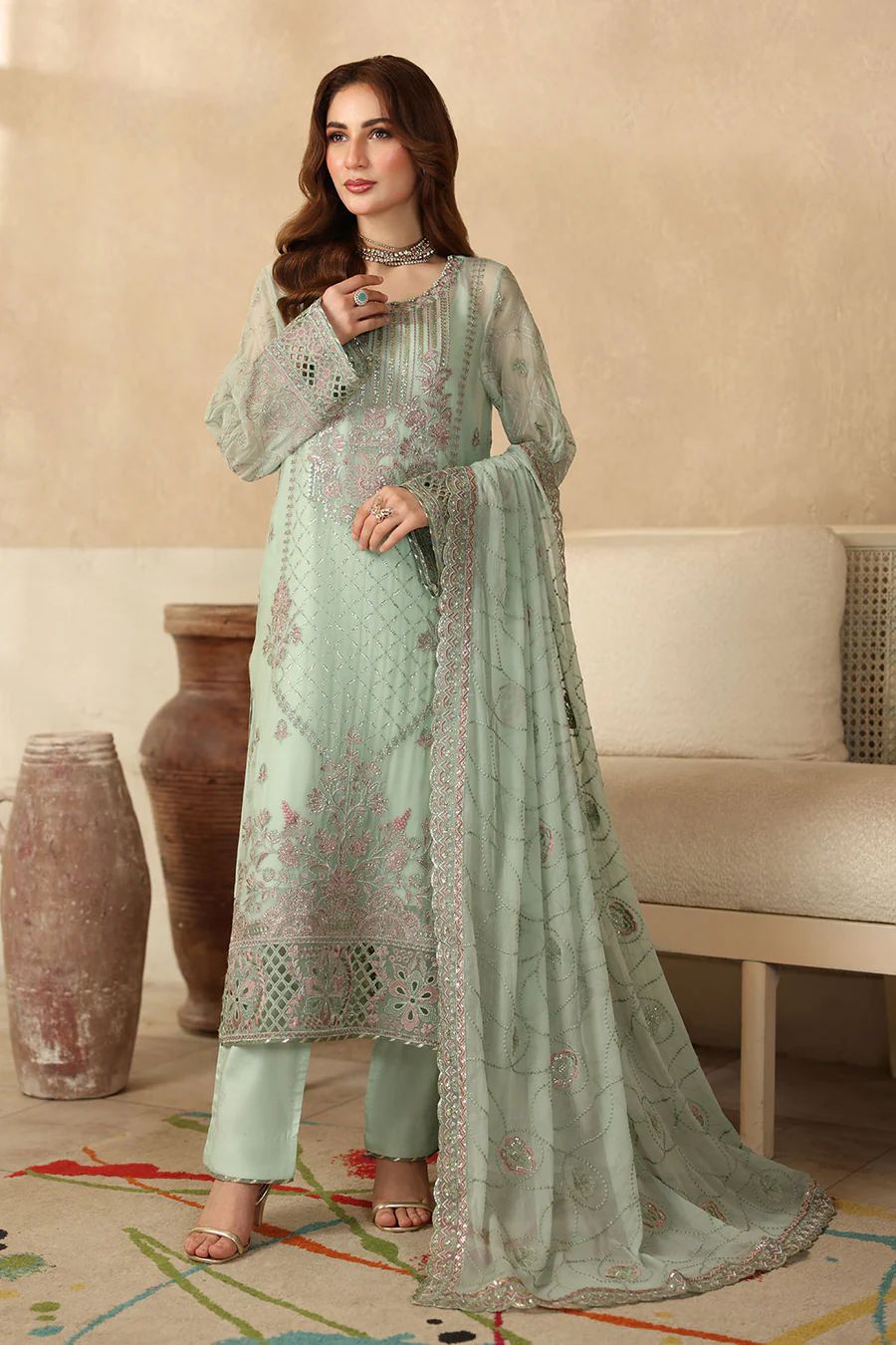 Pure Chiffon Pista Green Embroidered Dress - PW2268