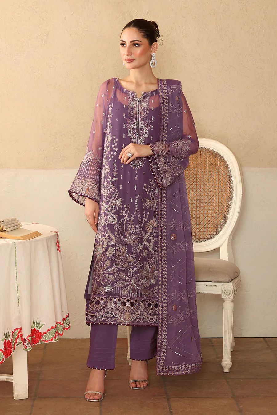Pure Chiffon Purple Embroidered Dress - PW2269
