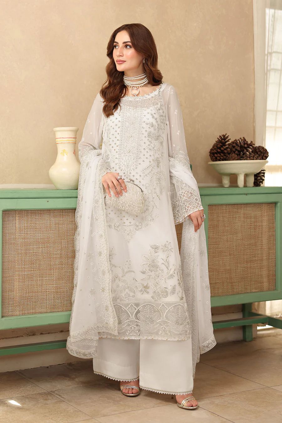 Pure Chiffon White Embroidered Dress - PW270