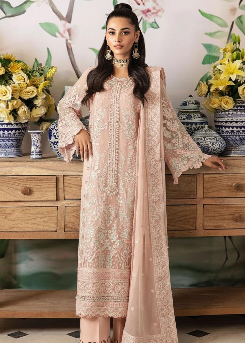 Pure Chiffon Peach Embroidered Dress - WW373
